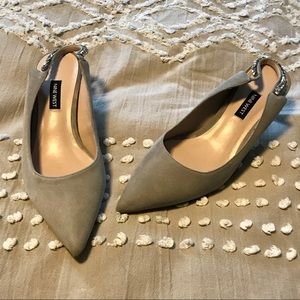 Nine West silver suede kitten heels with rhinestones